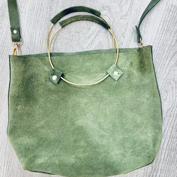 Tribe Alive Suede Olive Green Crossbody Bag with Gold Handles - Picture 5 of 8